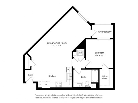 Floor plan for 1 bed, 1 bath, 808 sqft